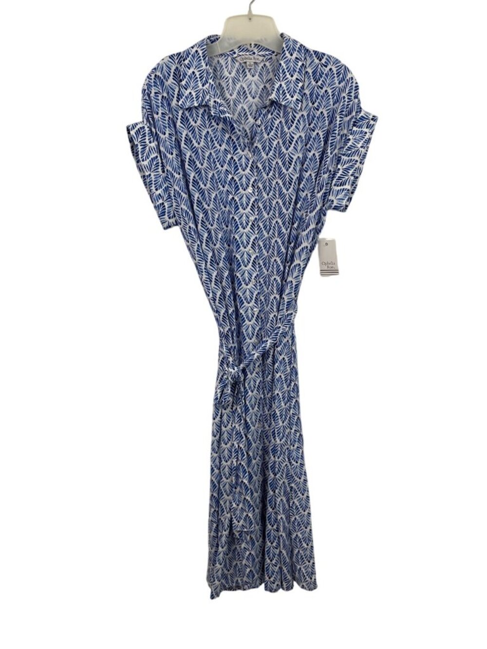 Ophelia Roe Womens Size Large Blue & White Leaf Print Shirt Dress With Belt